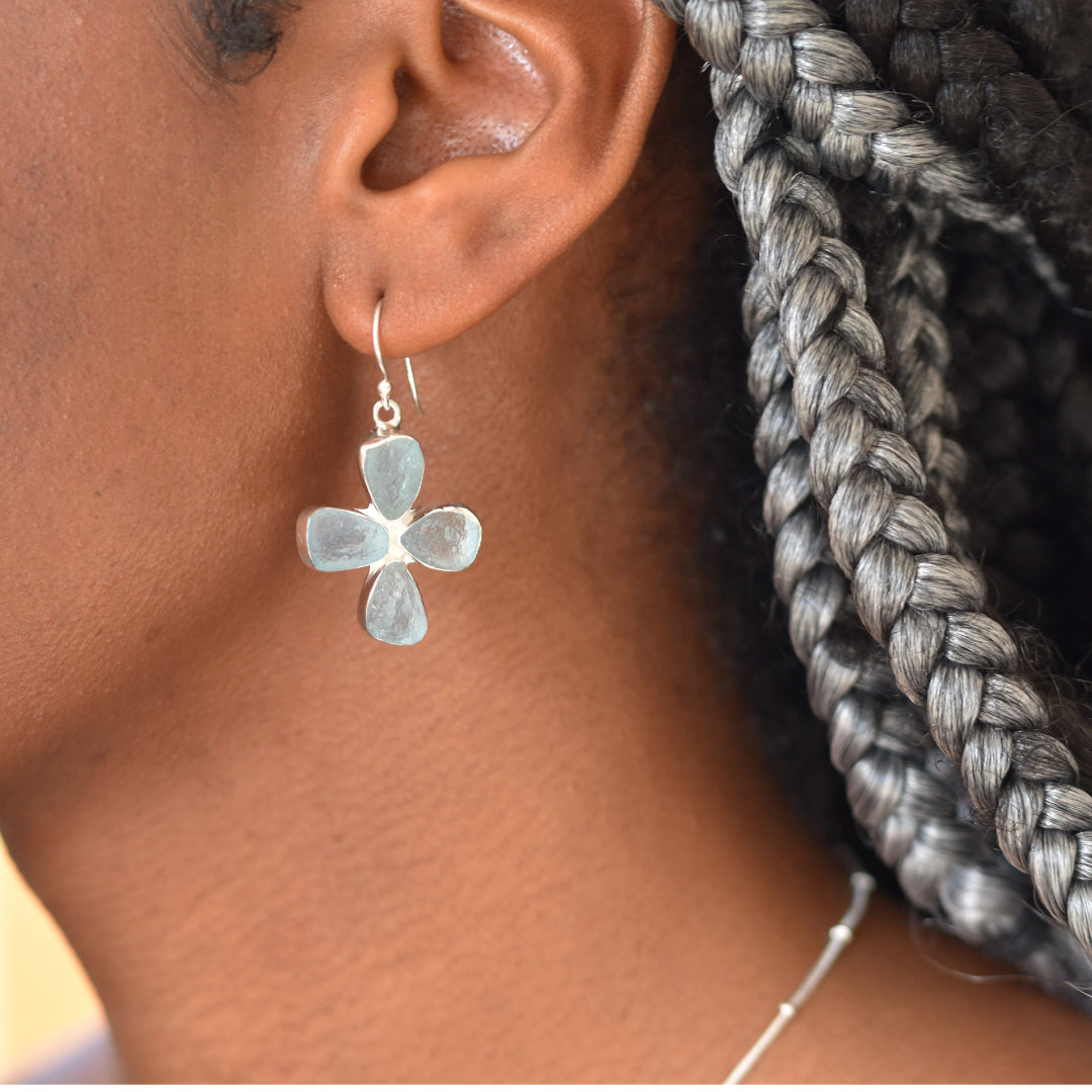 Aqua Cross Earrings in Silver